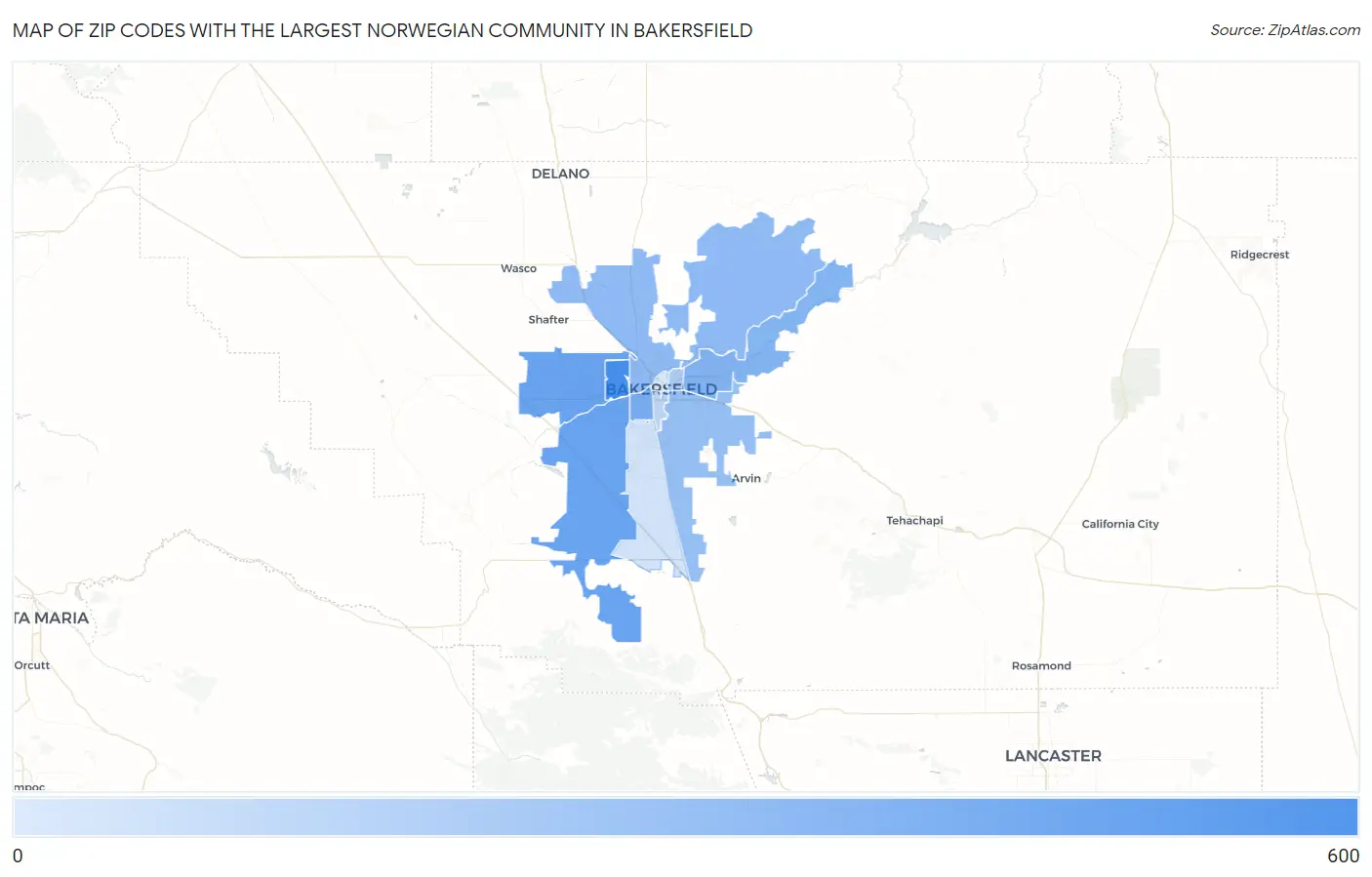 Zip Codes with the Largest Norwegian Community in Bakersfield Map