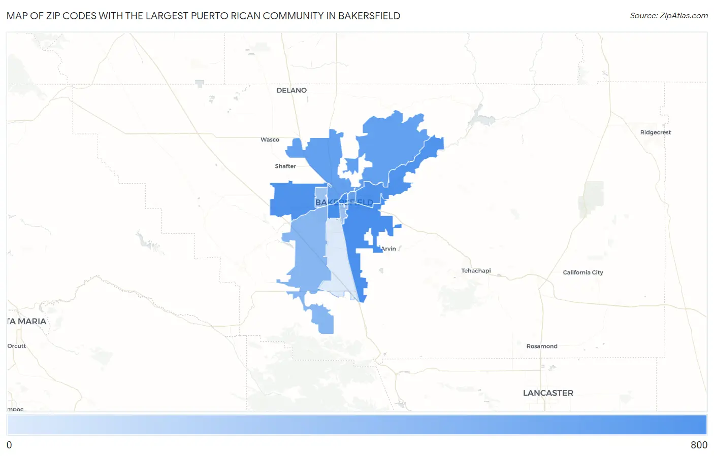 Zip Codes with the Largest Puerto Rican Community in Bakersfield Map