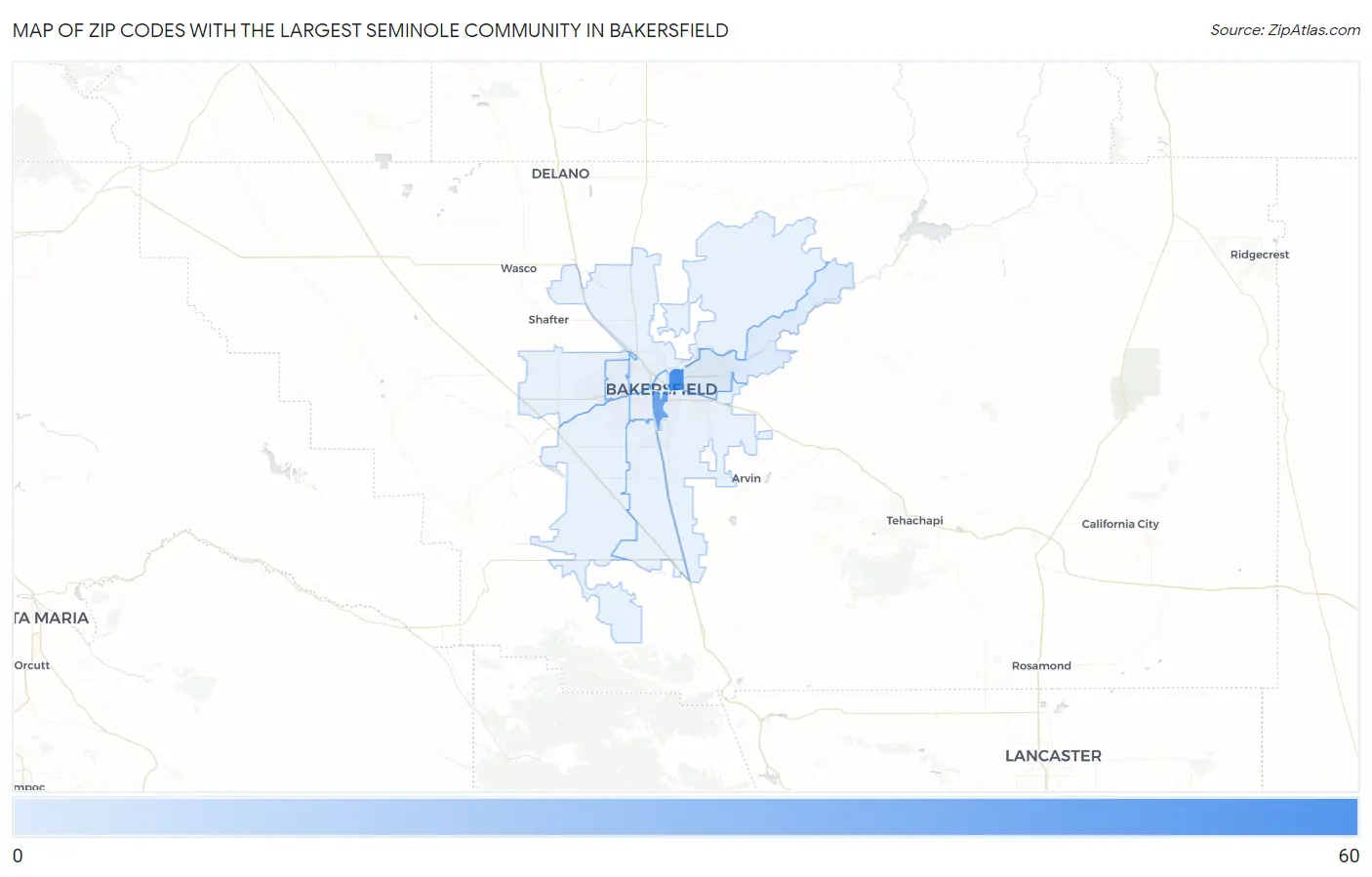 Zip Codes with the Largest Seminole Community in Bakersfield Map
