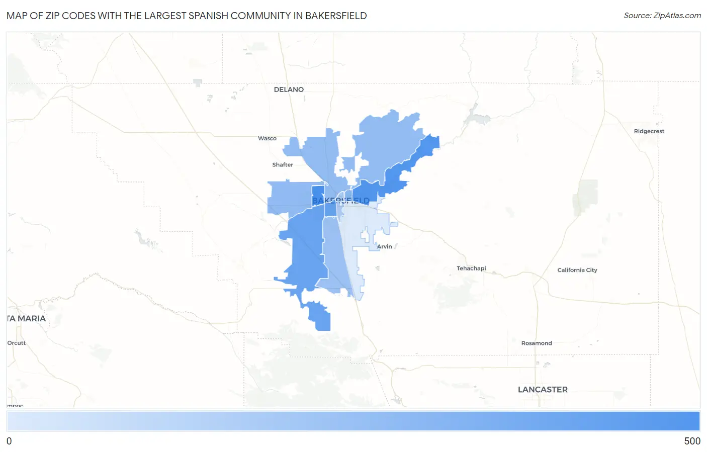 Zip Codes with the Largest Spanish Community in Bakersfield Map
