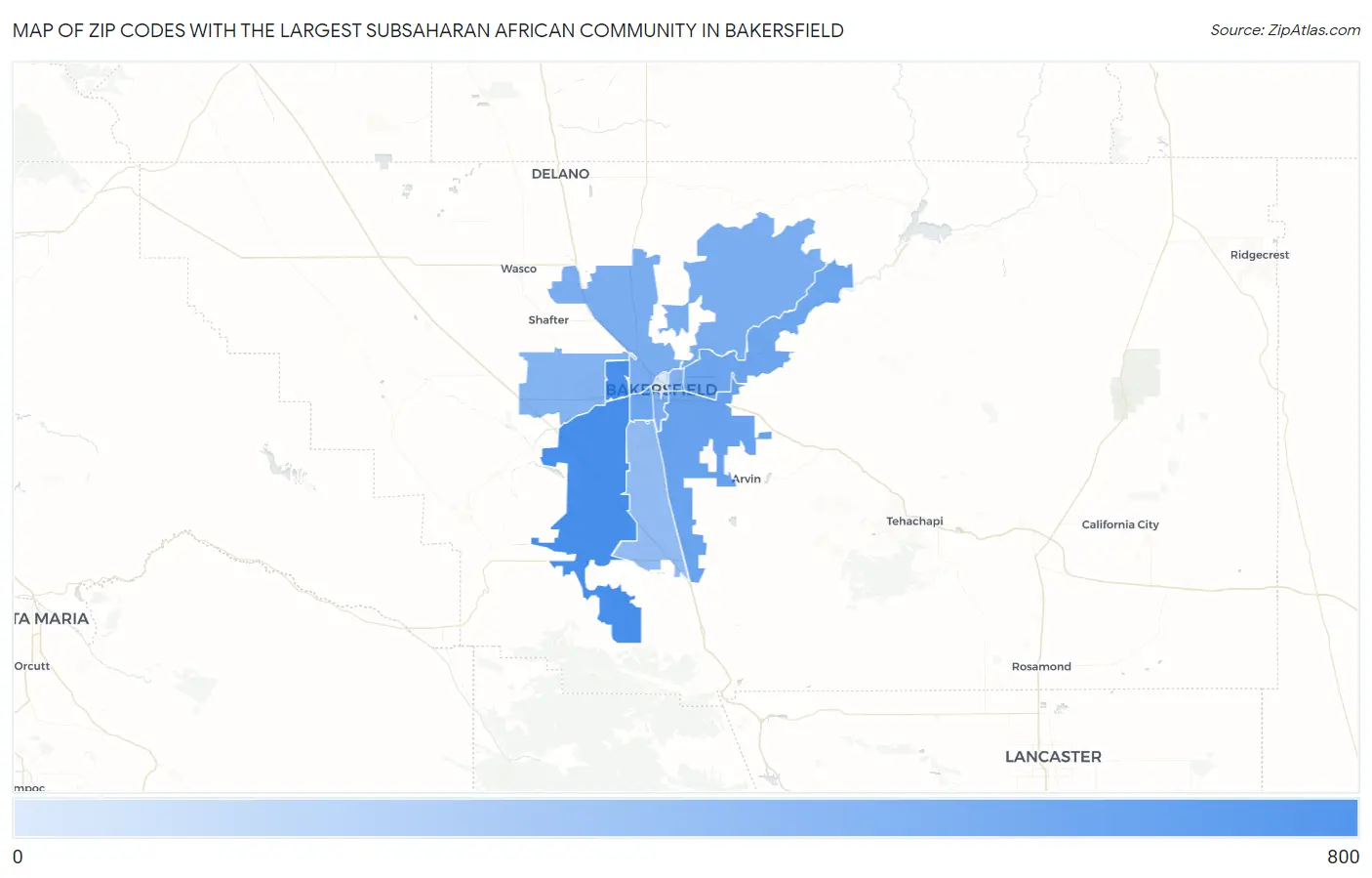 Zip Codes with the Largest Subsaharan African Community in Bakersfield Map