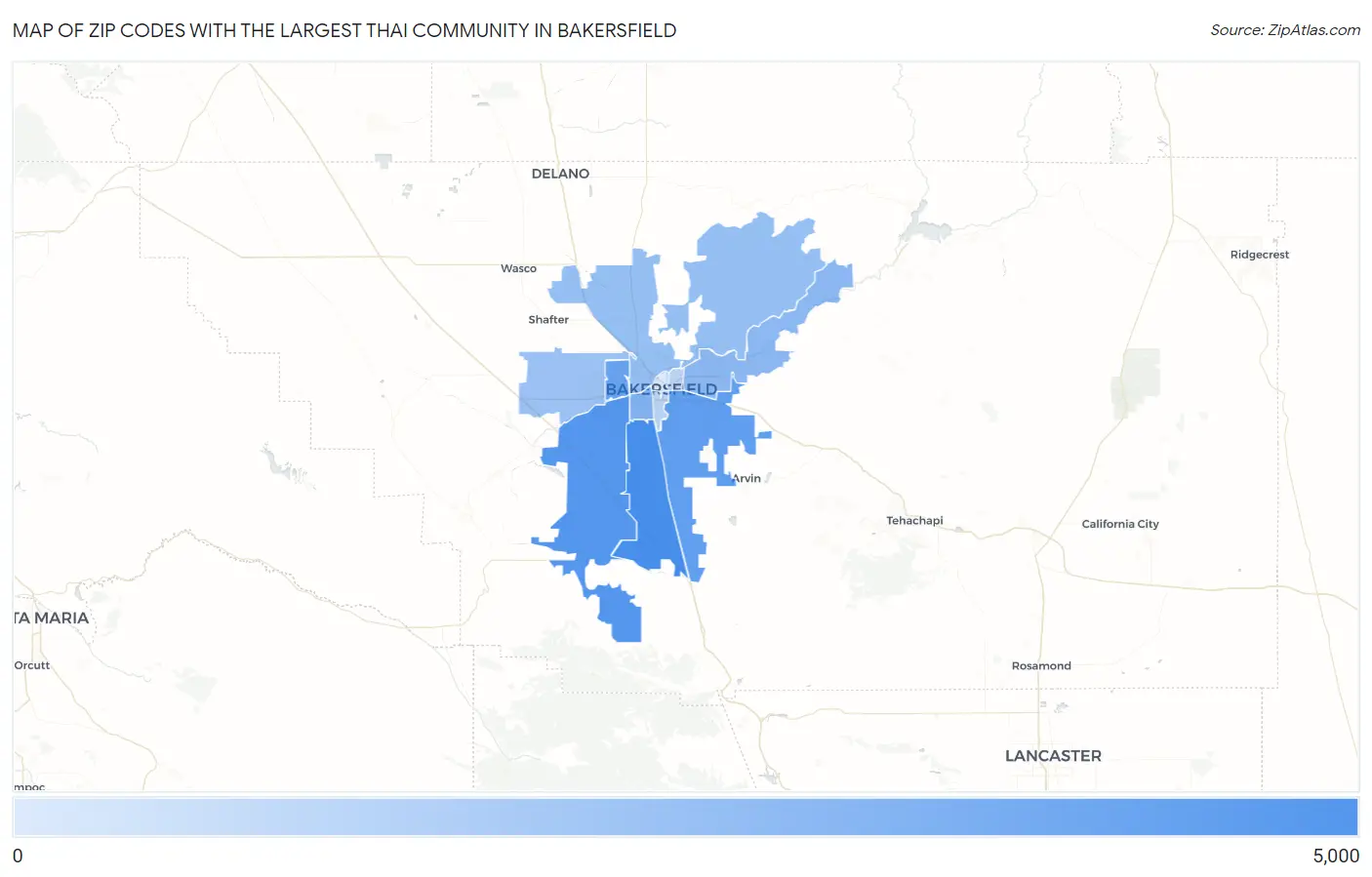 Zip Codes with the Largest Thai Community in Bakersfield Map