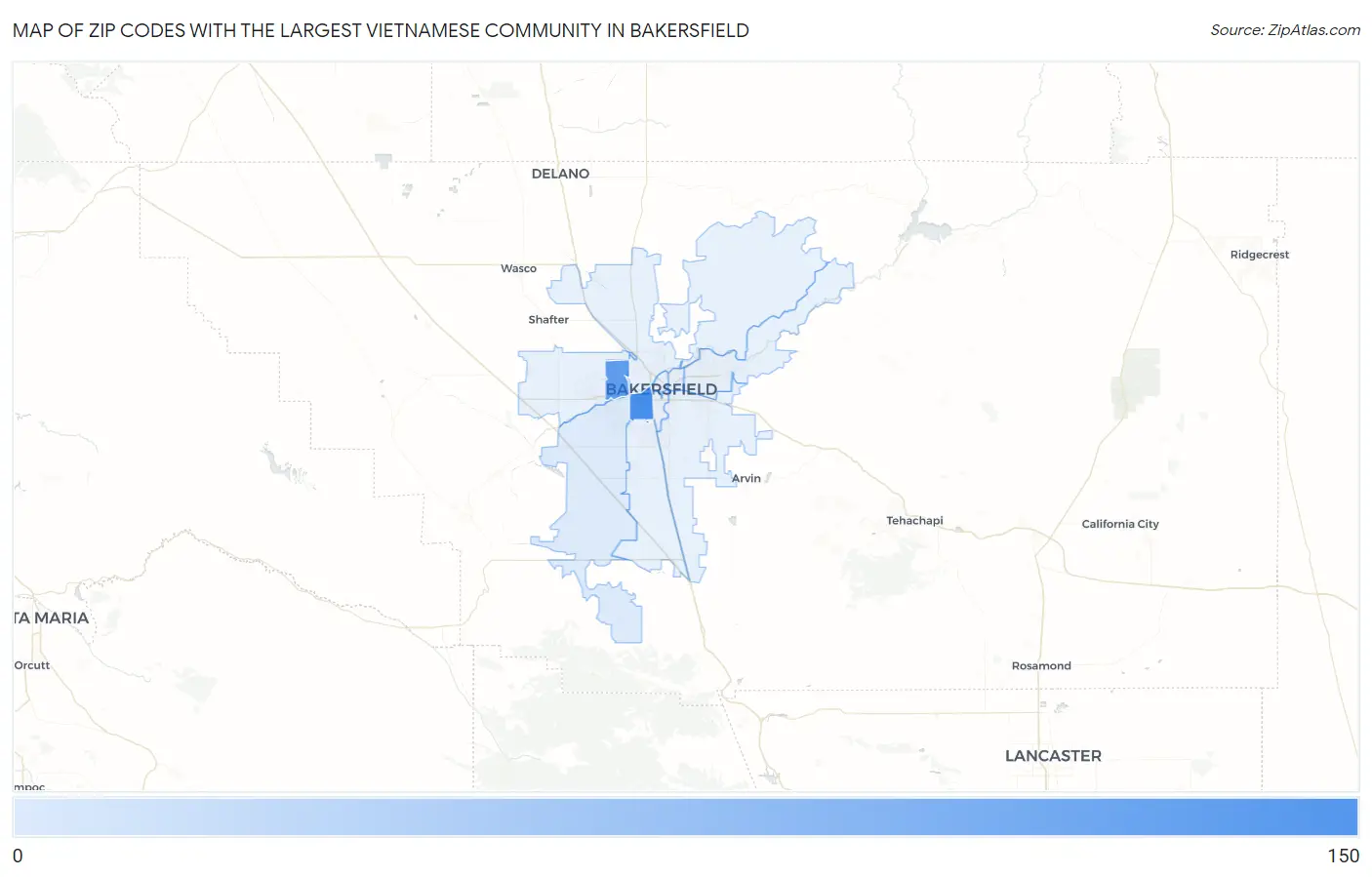 Zip Codes with the Largest Vietnamese Community in Bakersfield Map
