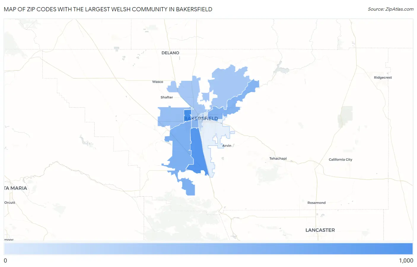 Zip Codes with the Largest Welsh Community in Bakersfield Map