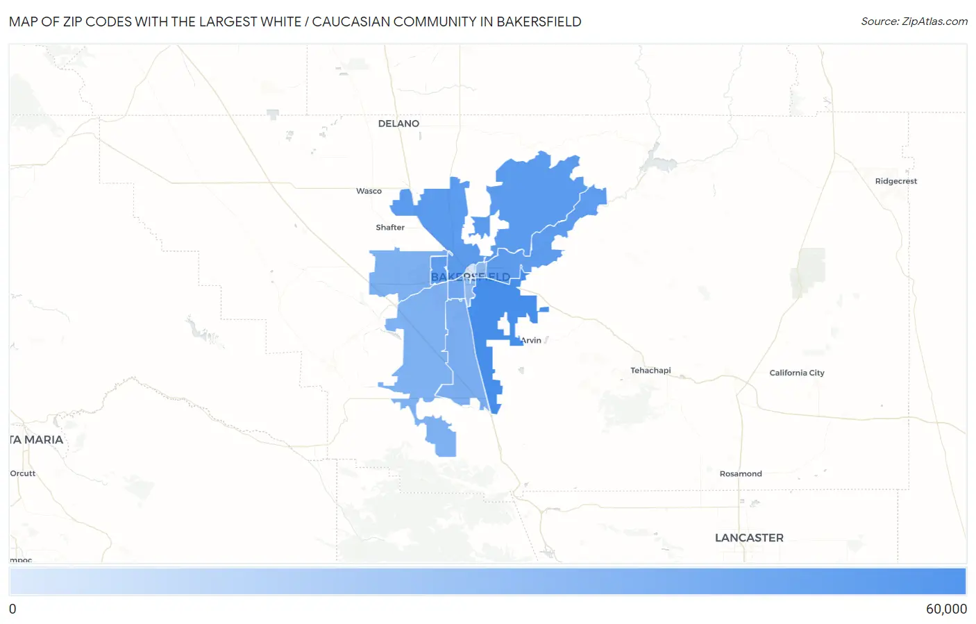 Zip Codes with the Largest White / Caucasian Community in Bakersfield Map