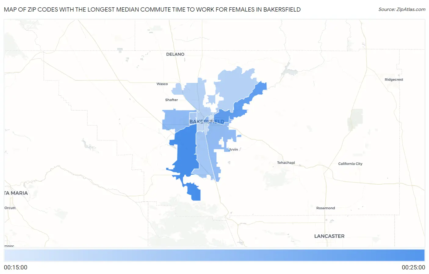 Zip Codes with the Longest Median Commute Time to Work for Females in Bakersfield Map