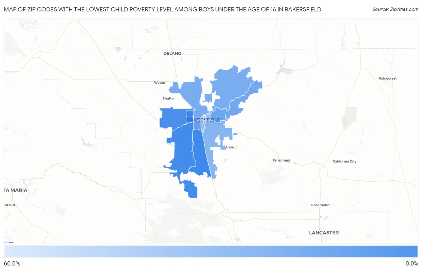 Zip Codes with the Lowest Child Poverty Level Among Boys Under the Age of 16 in Bakersfield Map