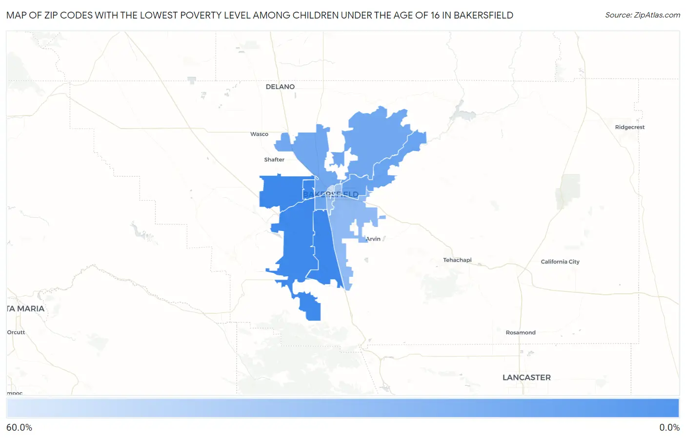 Zip Codes with the Lowest Poverty Level Among Children Under the Age of 16 in Bakersfield Map