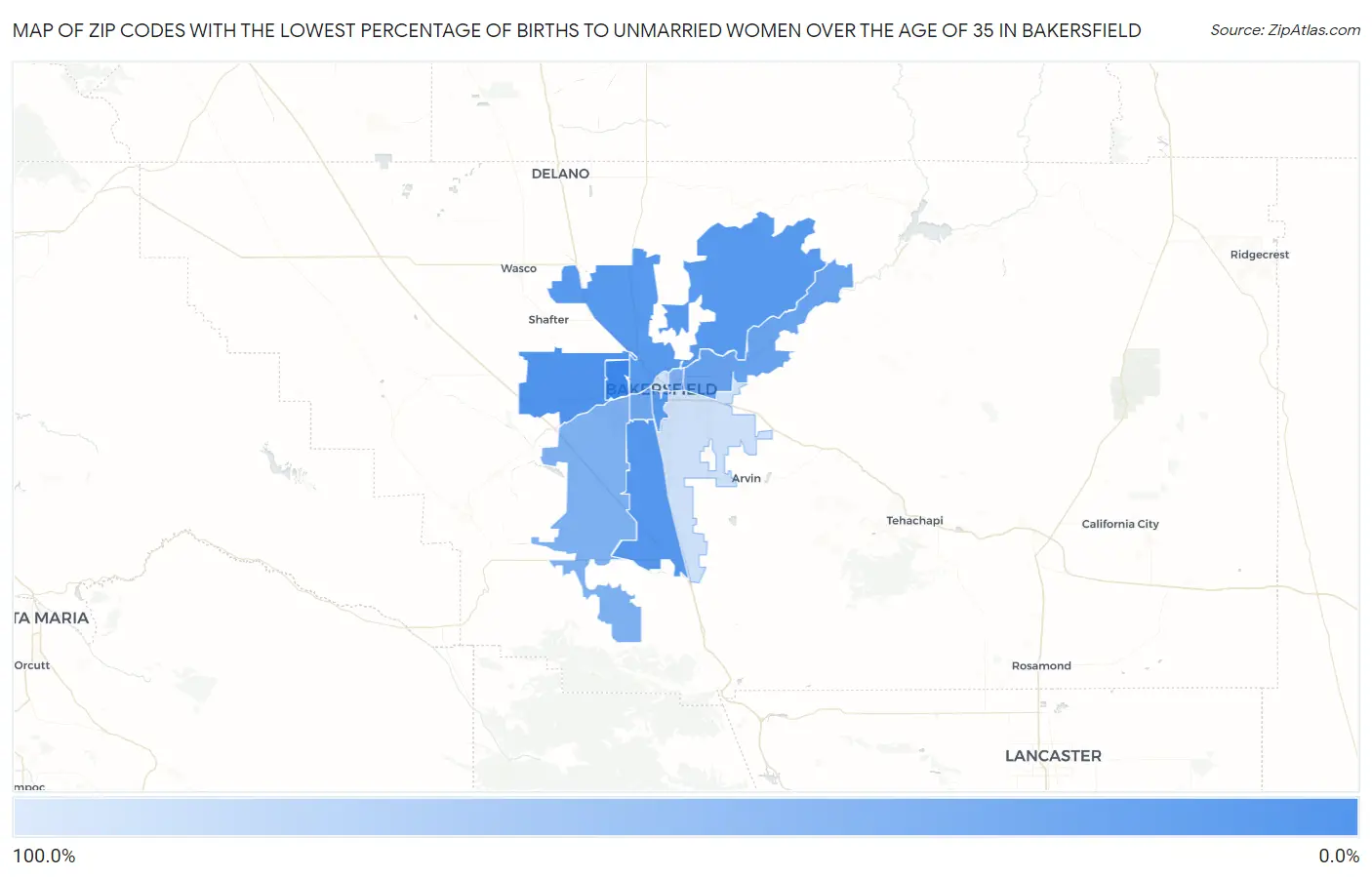 Zip Codes with the Lowest Percentage of Births to Unmarried Women over the Age of 35 in Bakersfield Map
