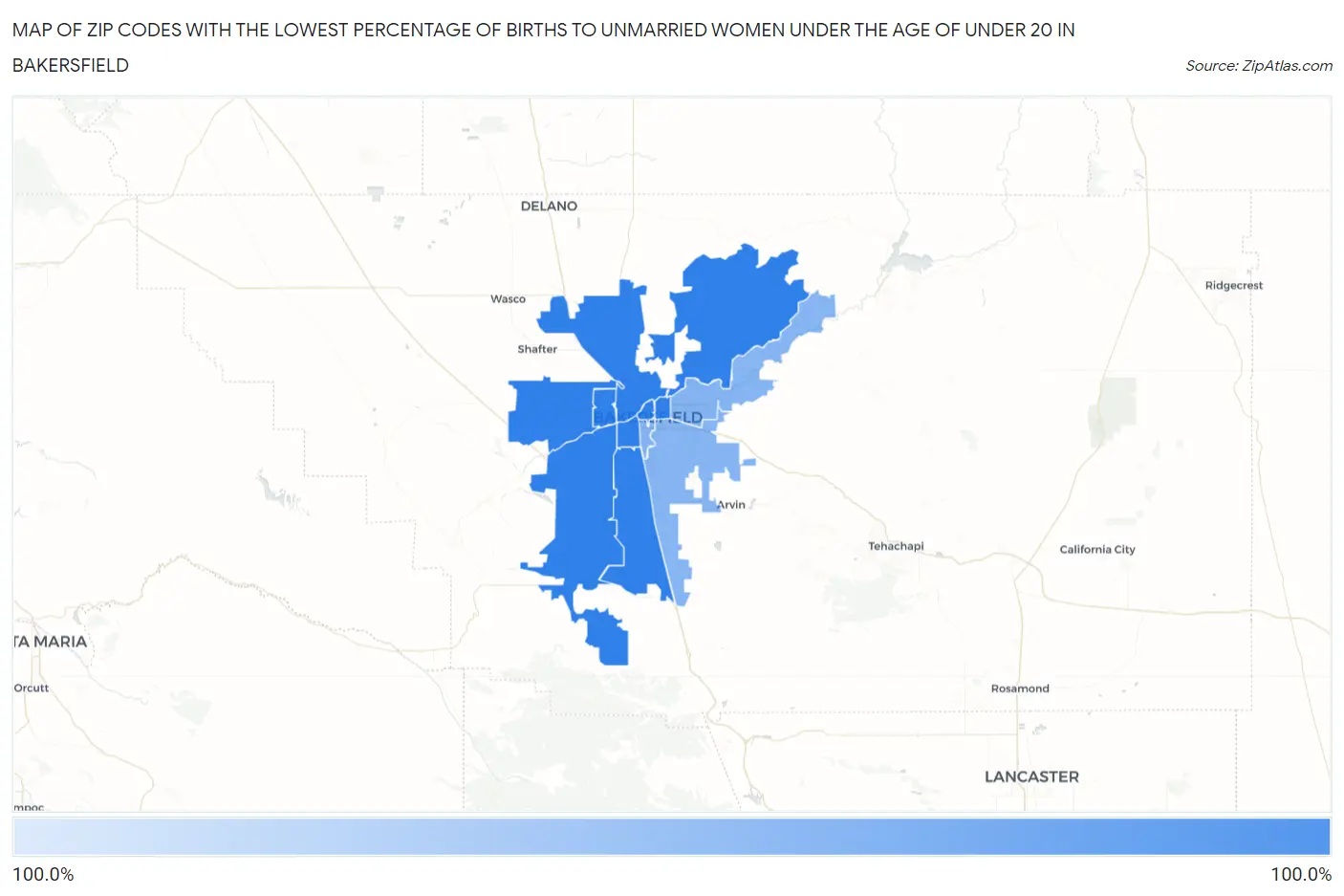 Zip Codes with the Lowest Percentage of Births to Unmarried Women under the Age of under 20 in Bakersfield Map