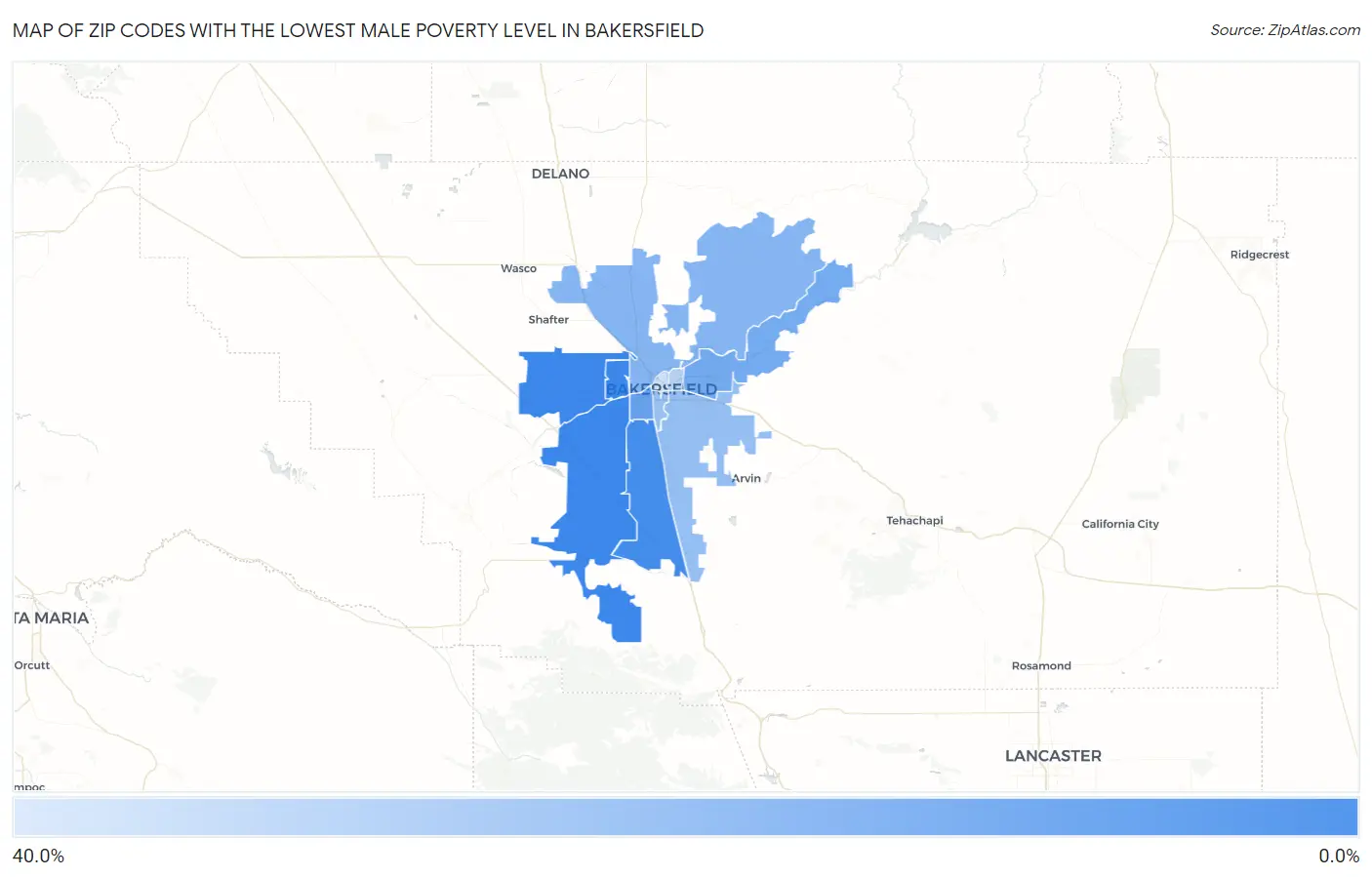 Zip Codes with the Lowest Male Poverty Level in Bakersfield Map