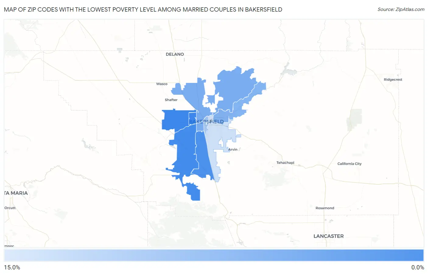 Zip Codes with the Lowest Poverty Level Among Married Couples in Bakersfield Map