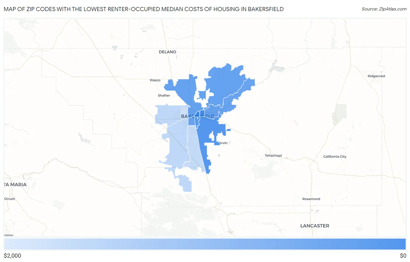 Zip Codes with the Lowest Renter-Occupied Median Costs of Housing in Bakersfield Map