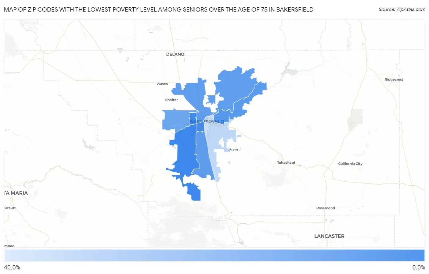 Zip Codes with the Lowest Poverty Level Among Seniors Over the Age of 75 in Bakersfield Map