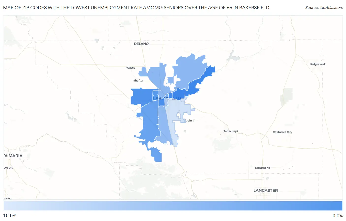 Zip Codes with the Lowest Unemployment Rate Amomg Seniors Over the Age of 65 in Bakersfield Map