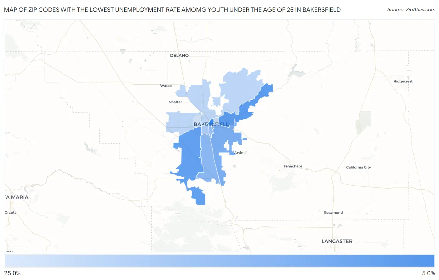 Zip Codes with the Lowest Unemployment Rate Amomg Youth Under the Age of 25 in Bakersfield Map