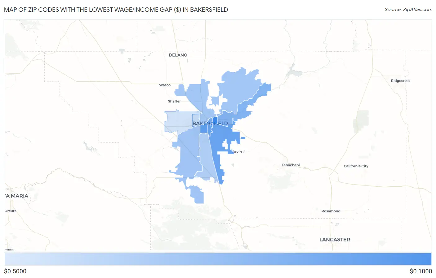 Zip Codes with the Lowest Wage/Income Gap ($) in Bakersfield Map