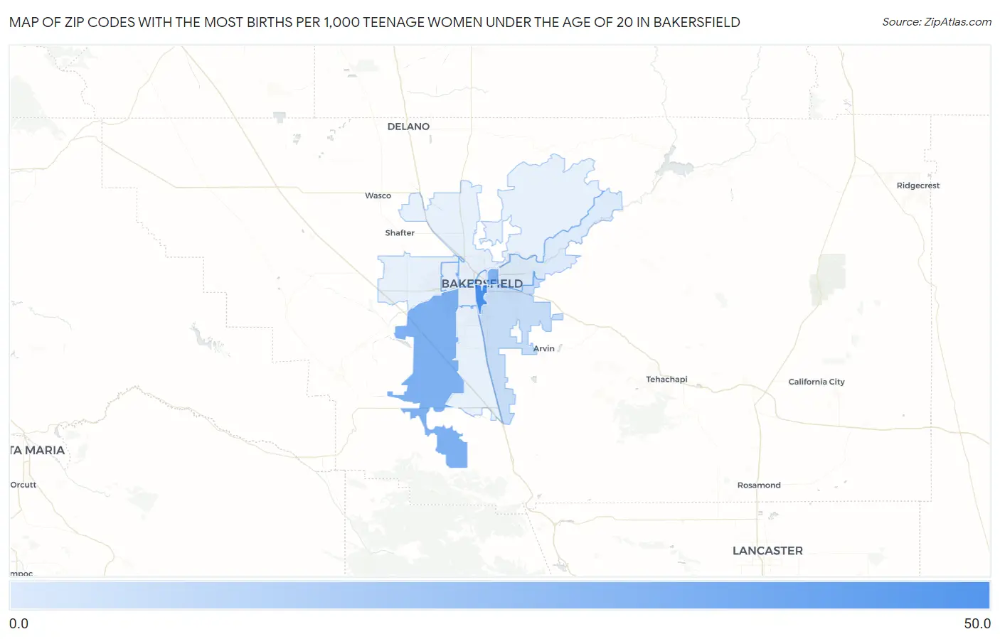 Zip Codes with the Most Births per 1,000 Teenage Women Under the Age of 20 in Bakersfield Map