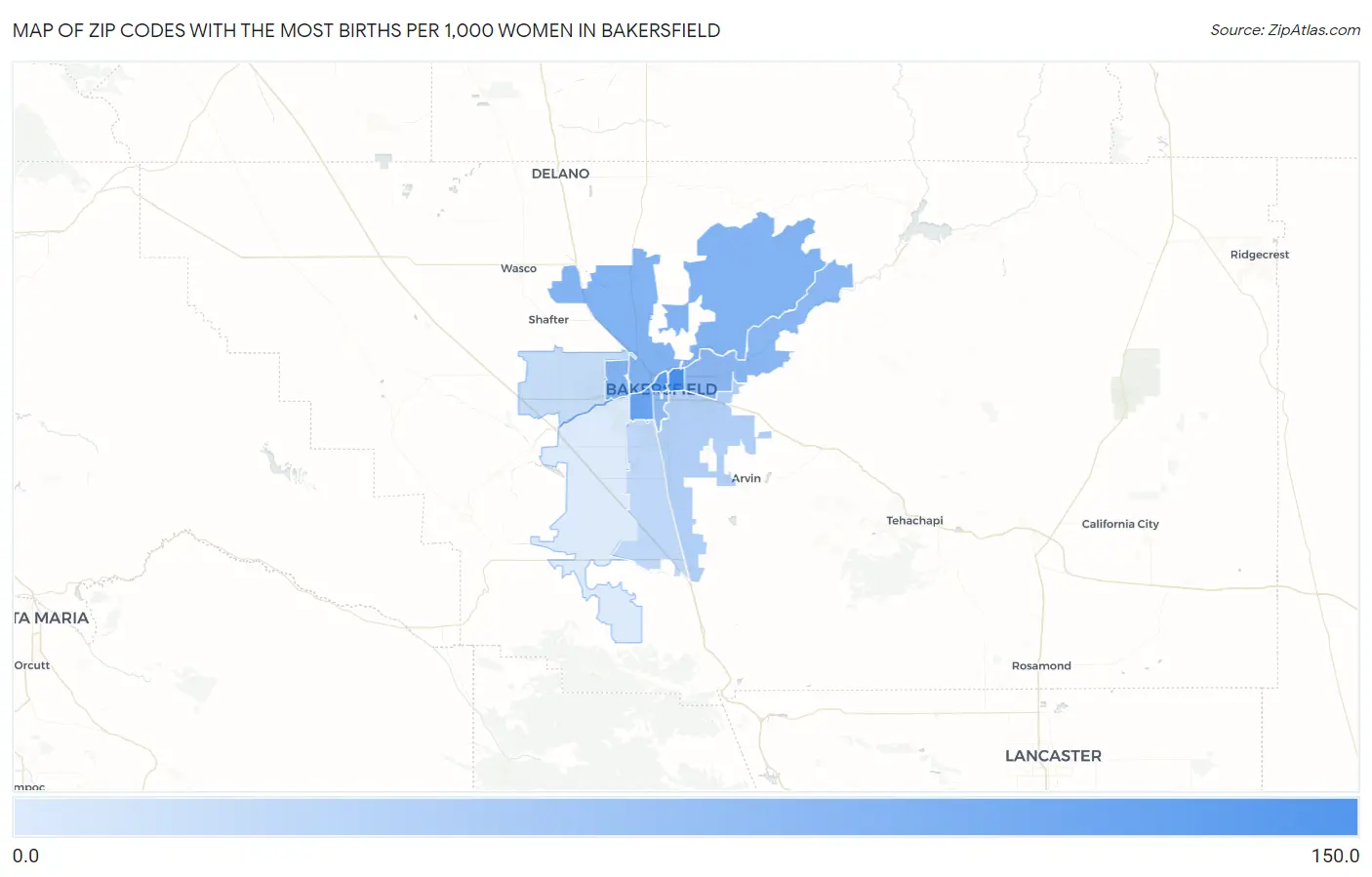 Zip Codes with the Most Births per 1,000 Women in Bakersfield Map