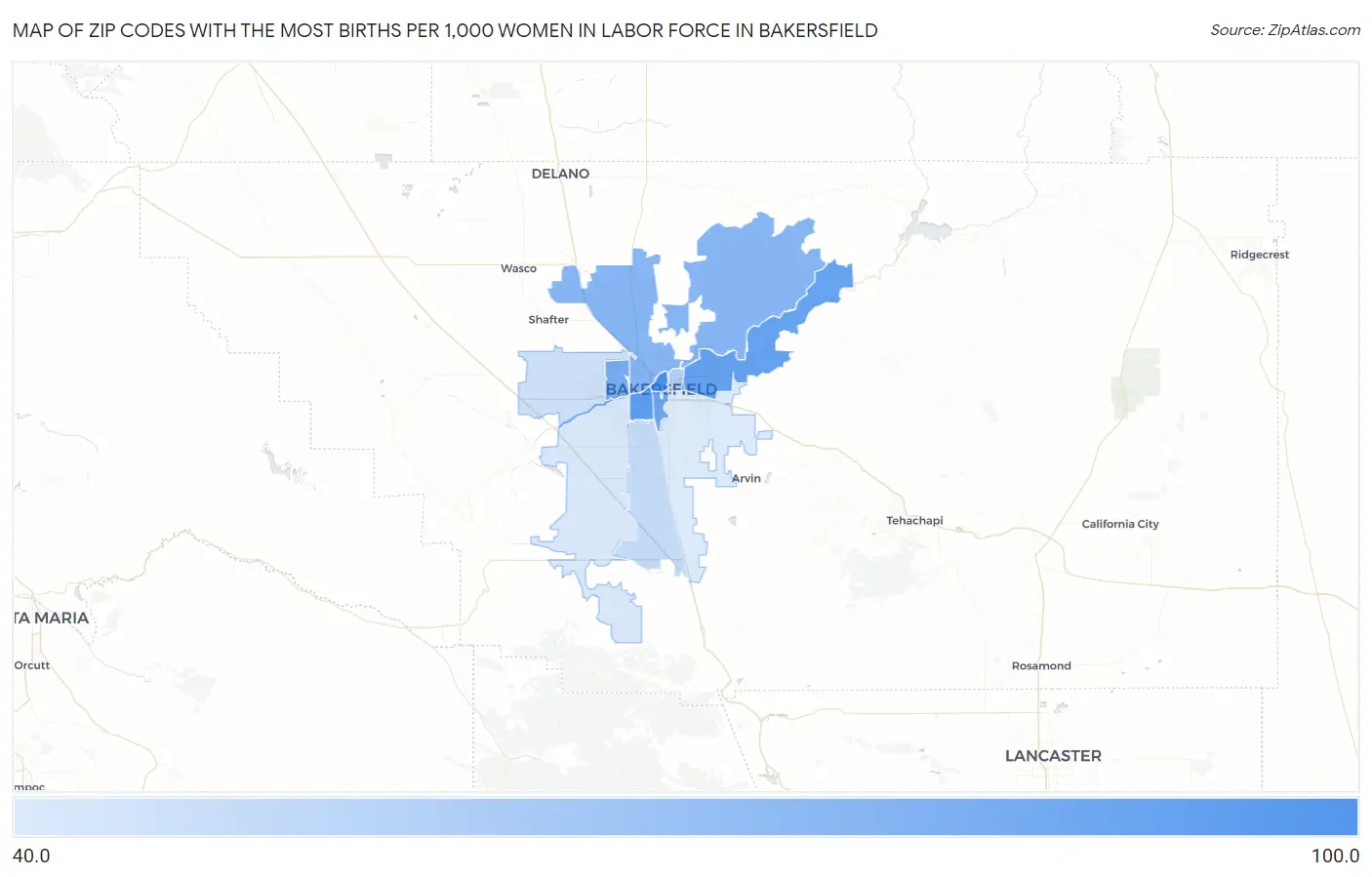 Zip Codes with the Most Births per 1,000 Women in Labor Force in Bakersfield Map