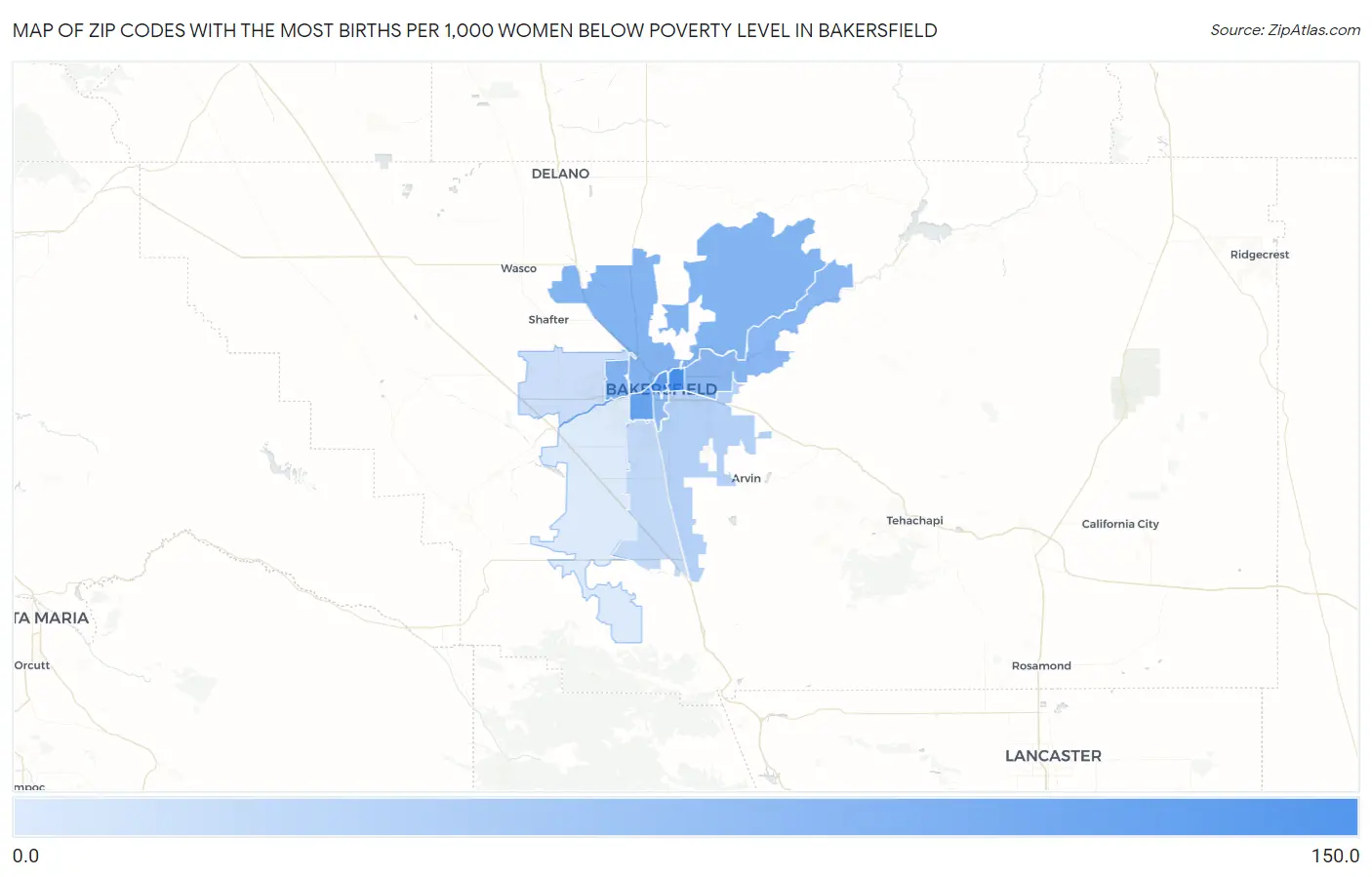 Zip Codes with the Most Births per 1,000 Women Below Poverty Level in Bakersfield Map