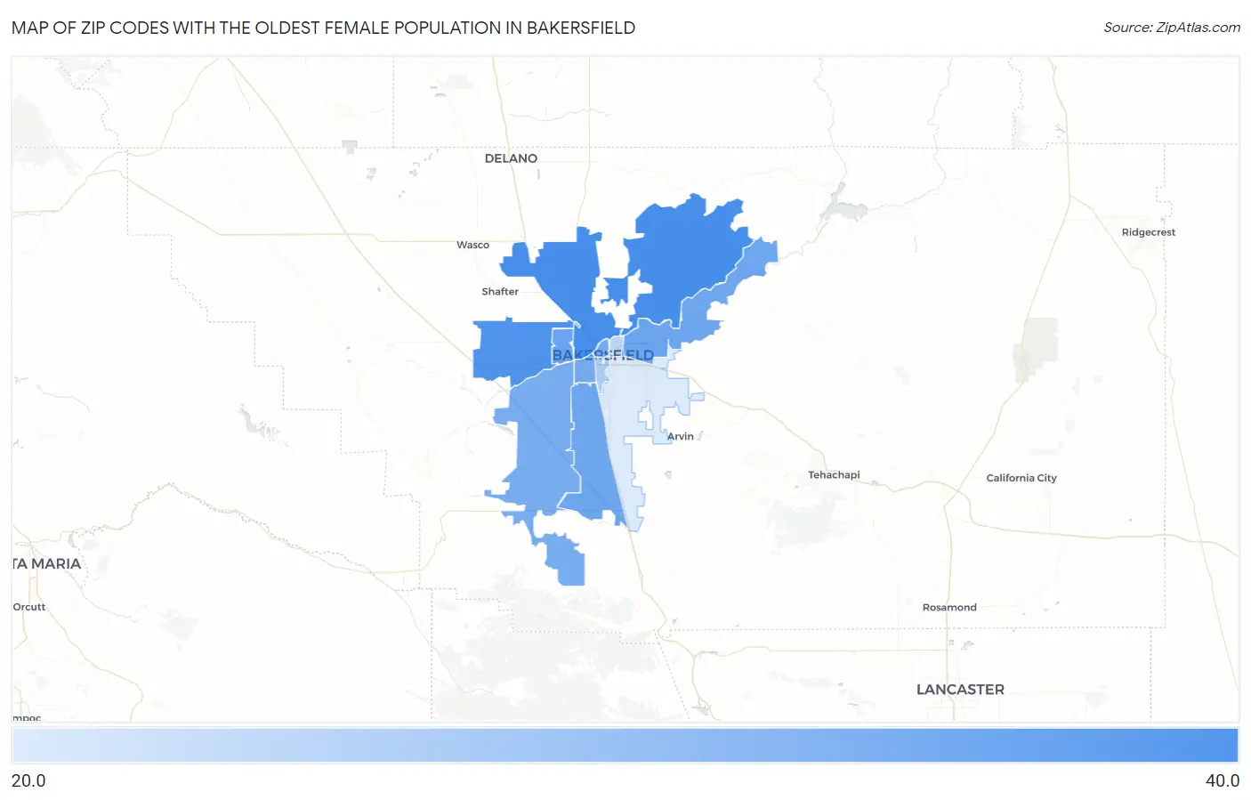 Zip Codes with the Oldest Female Population in Bakersfield Map