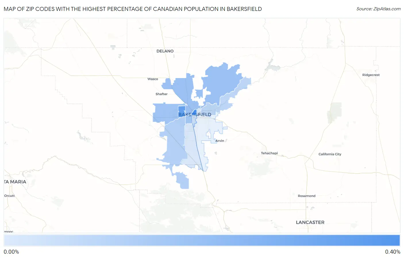 Zip Codes with the Highest Percentage of Canadian Population in Bakersfield Map
