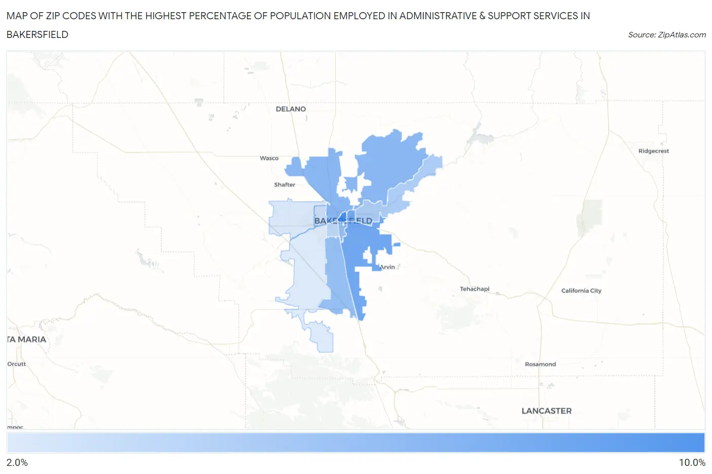 Zip Codes with the Highest Percentage of Population Employed in Administrative & Support Services in Bakersfield Map