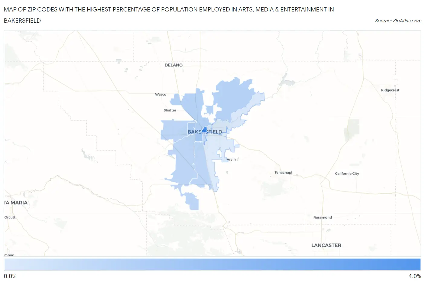 Zip Codes with the Highest Percentage of Population Employed in Arts, Media & Entertainment in Bakersfield Map