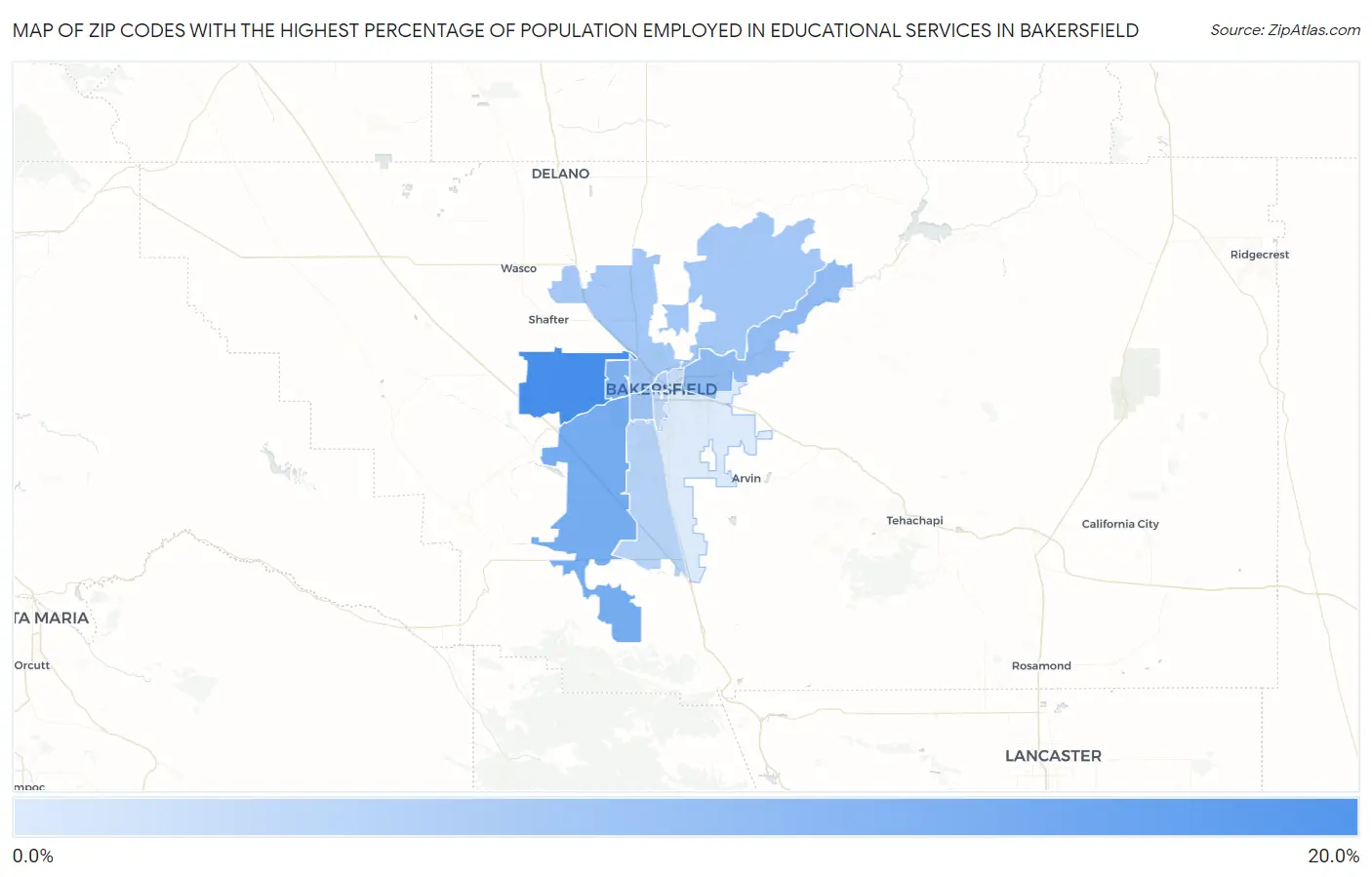 Zip Codes with the Highest Percentage of Population Employed in Educational Services in Bakersfield Map