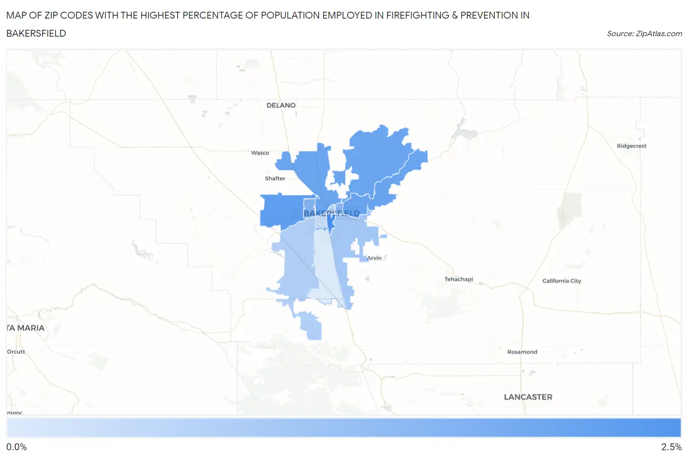 Zip Codes with the Highest Percentage of Population Employed in Firefighting & Prevention in Bakersfield Map