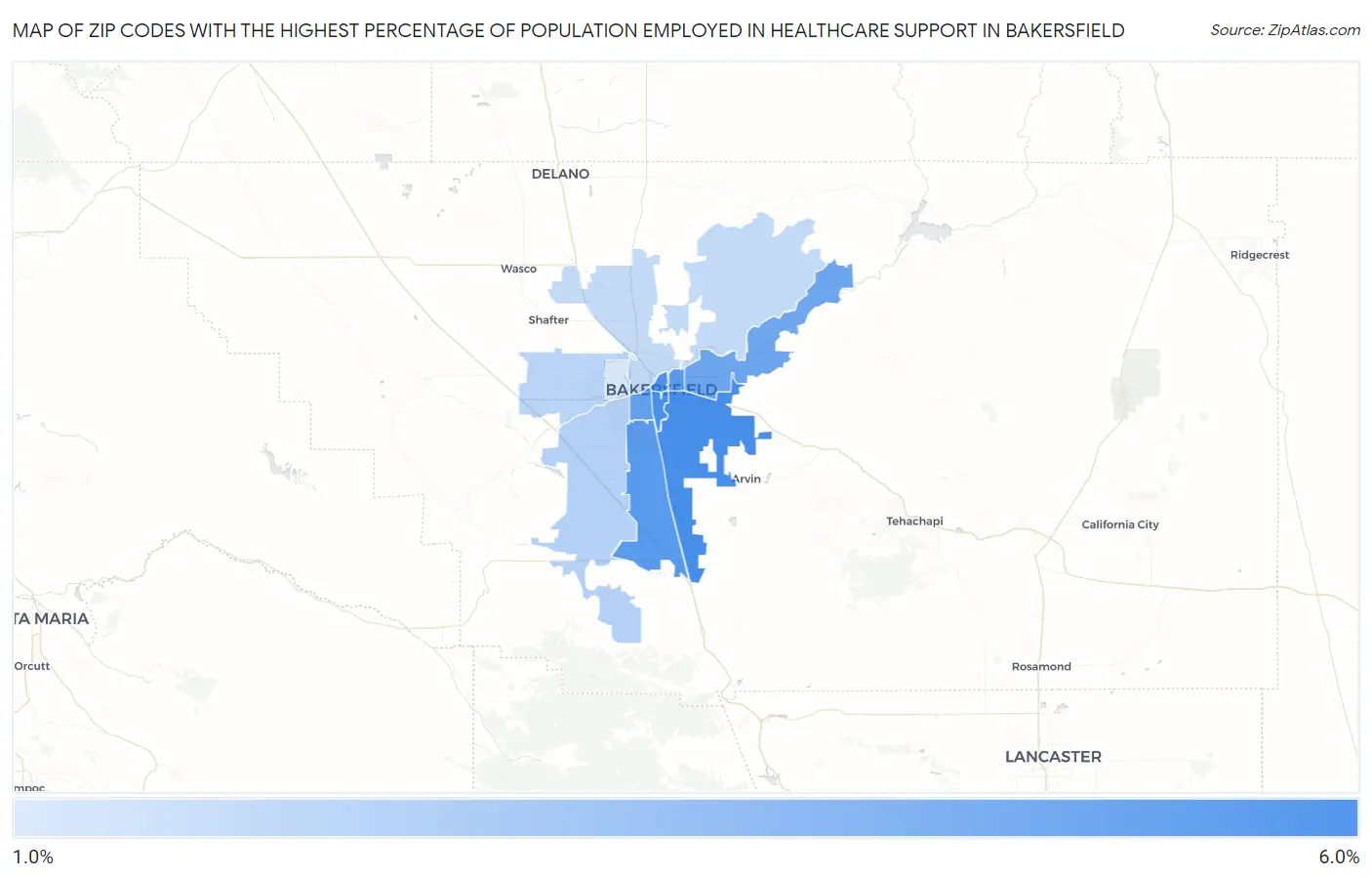 Zip Codes with the Highest Percentage of Population Employed in Healthcare Support in Bakersfield Map
