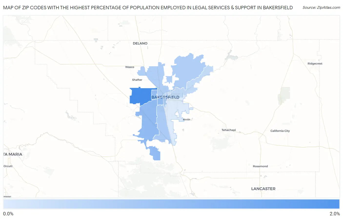 Zip Codes with the Highest Percentage of Population Employed in Legal Services & Support in Bakersfield Map
