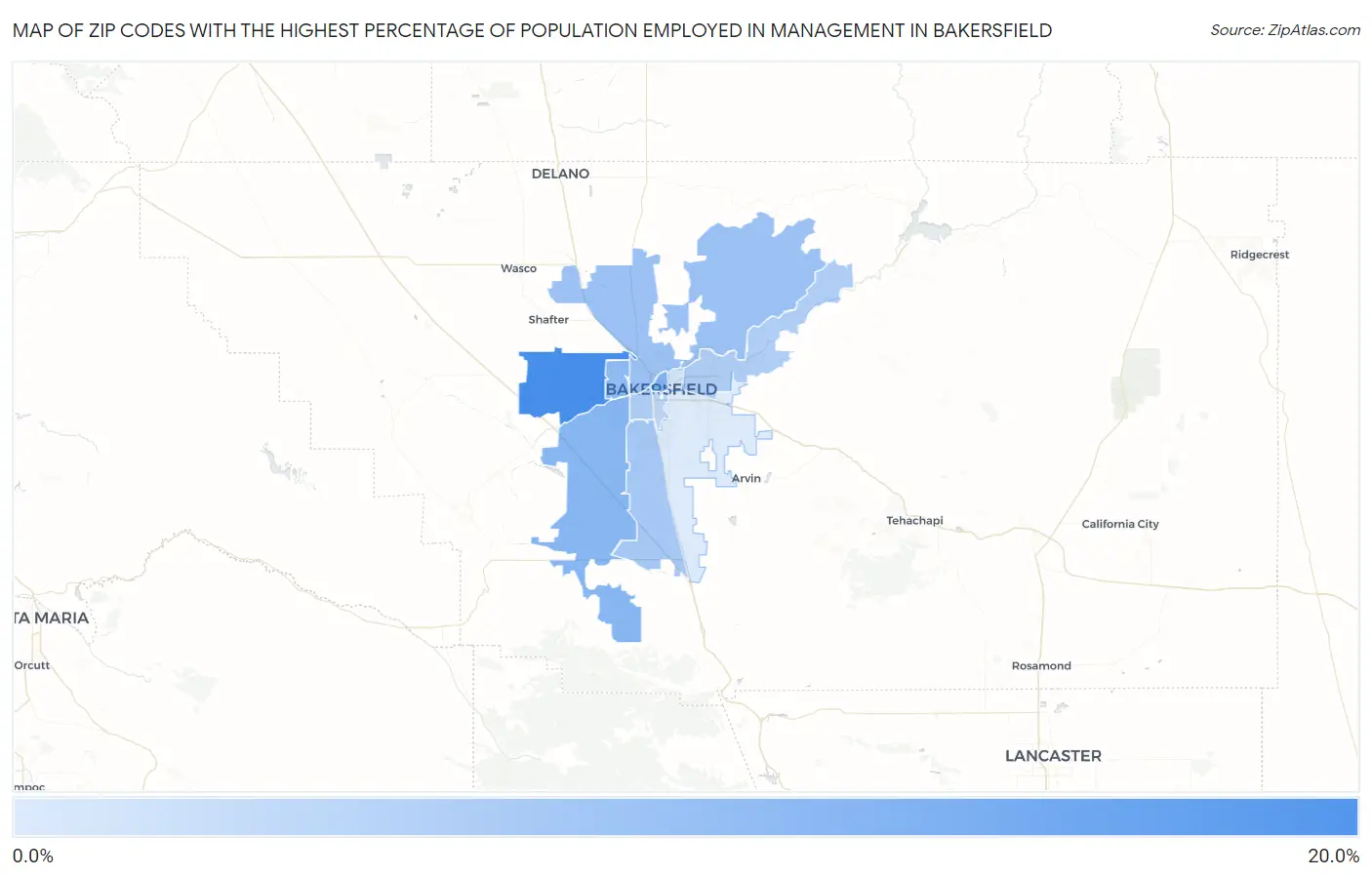 Zip Codes with the Highest Percentage of Population Employed in Management in Bakersfield Map