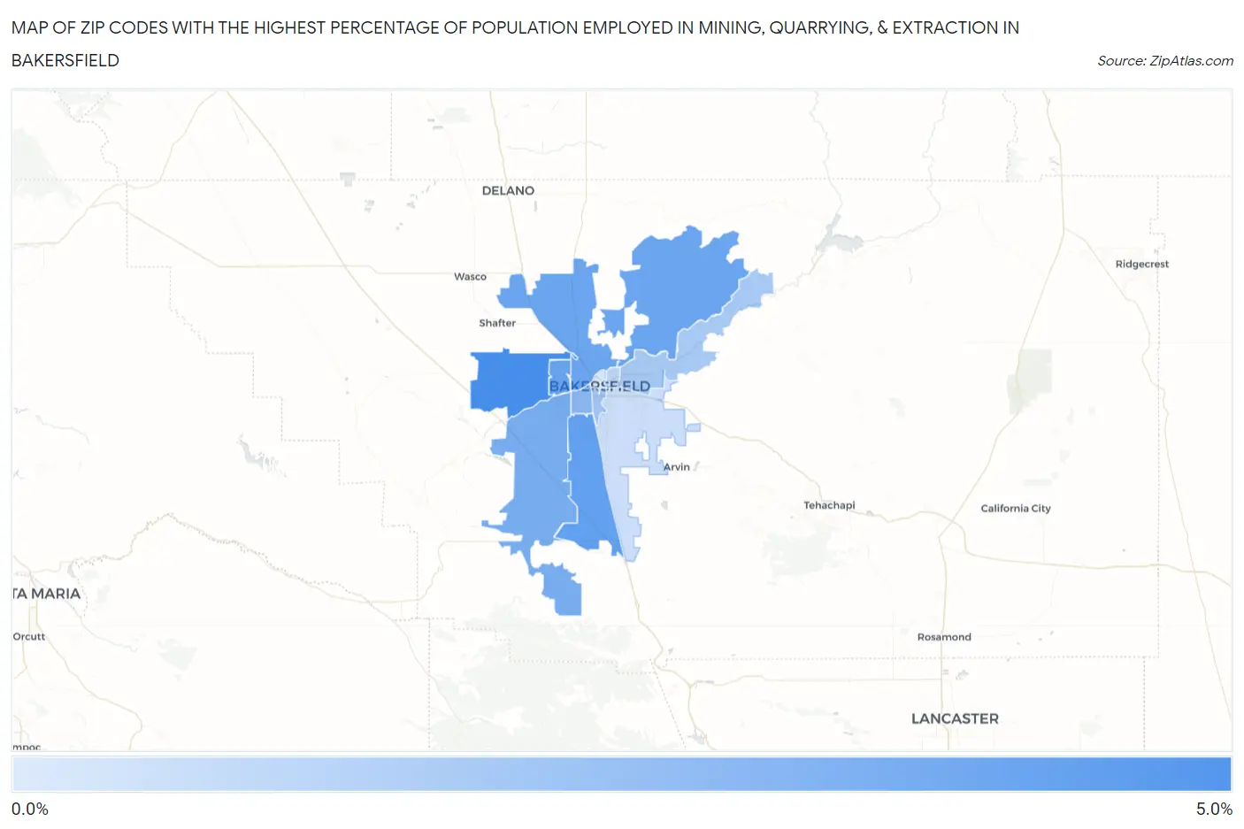 Zip Codes with the Highest Percentage of Population Employed in Mining, Quarrying, & Extraction in Bakersfield Map