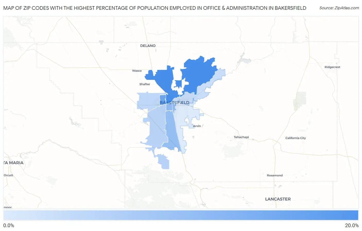 Zip Codes with the Highest Percentage of Population Employed in Office & Administration in Bakersfield Map