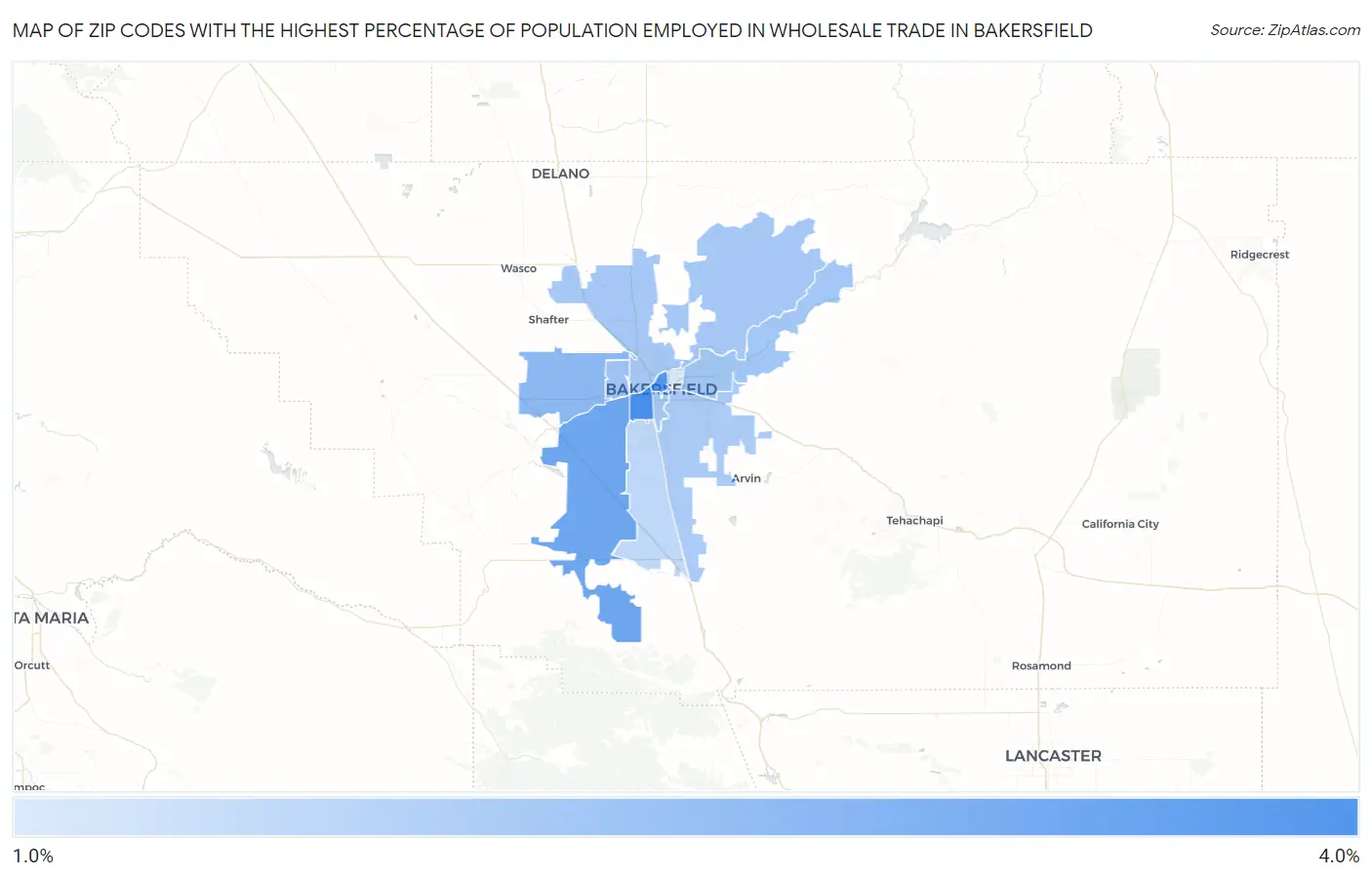 Zip Codes with the Highest Percentage of Population Employed in Wholesale Trade in Bakersfield Map