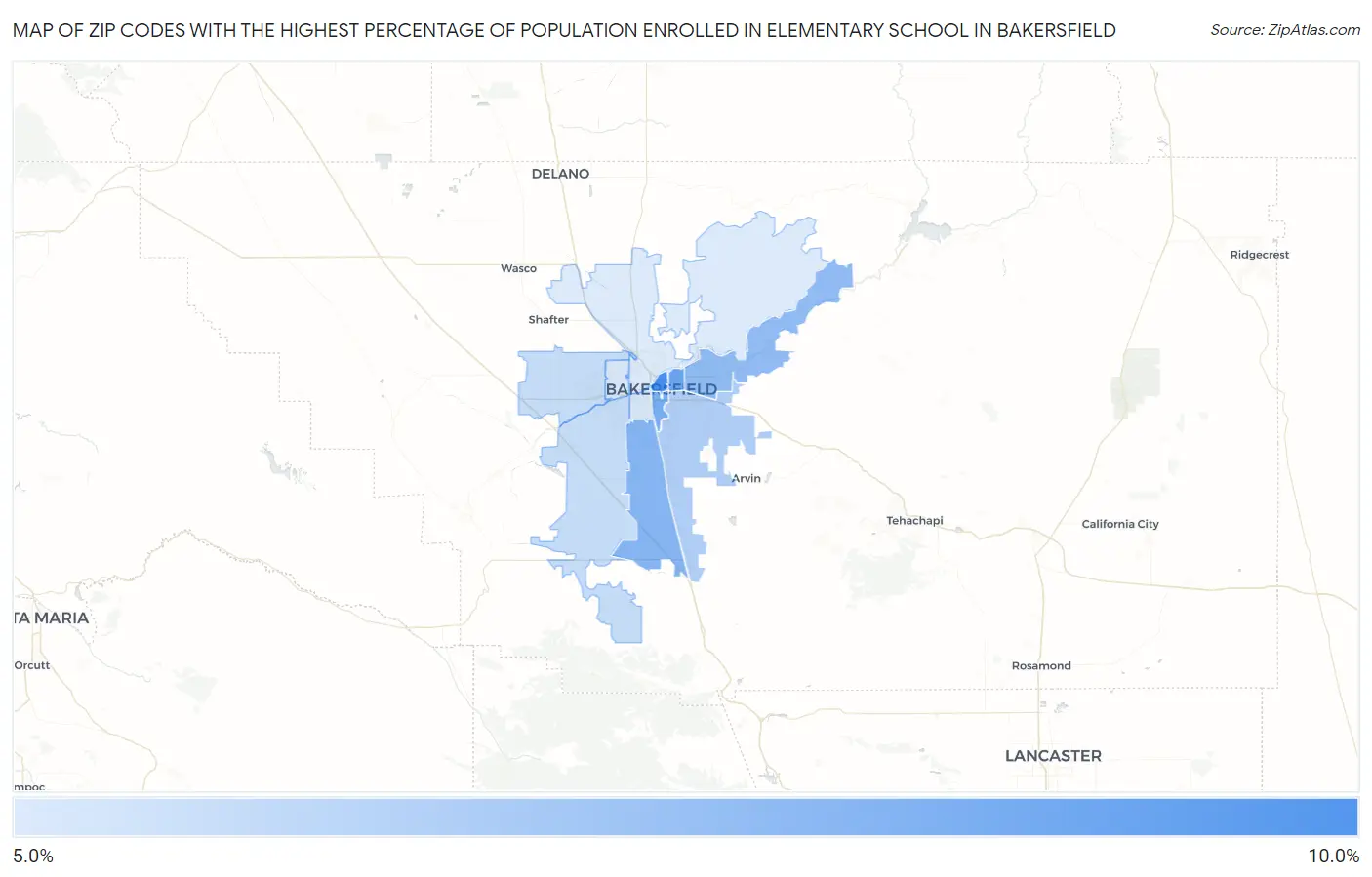 Zip Codes with the Highest Percentage of Population Enrolled in Elementary School in Bakersfield Map