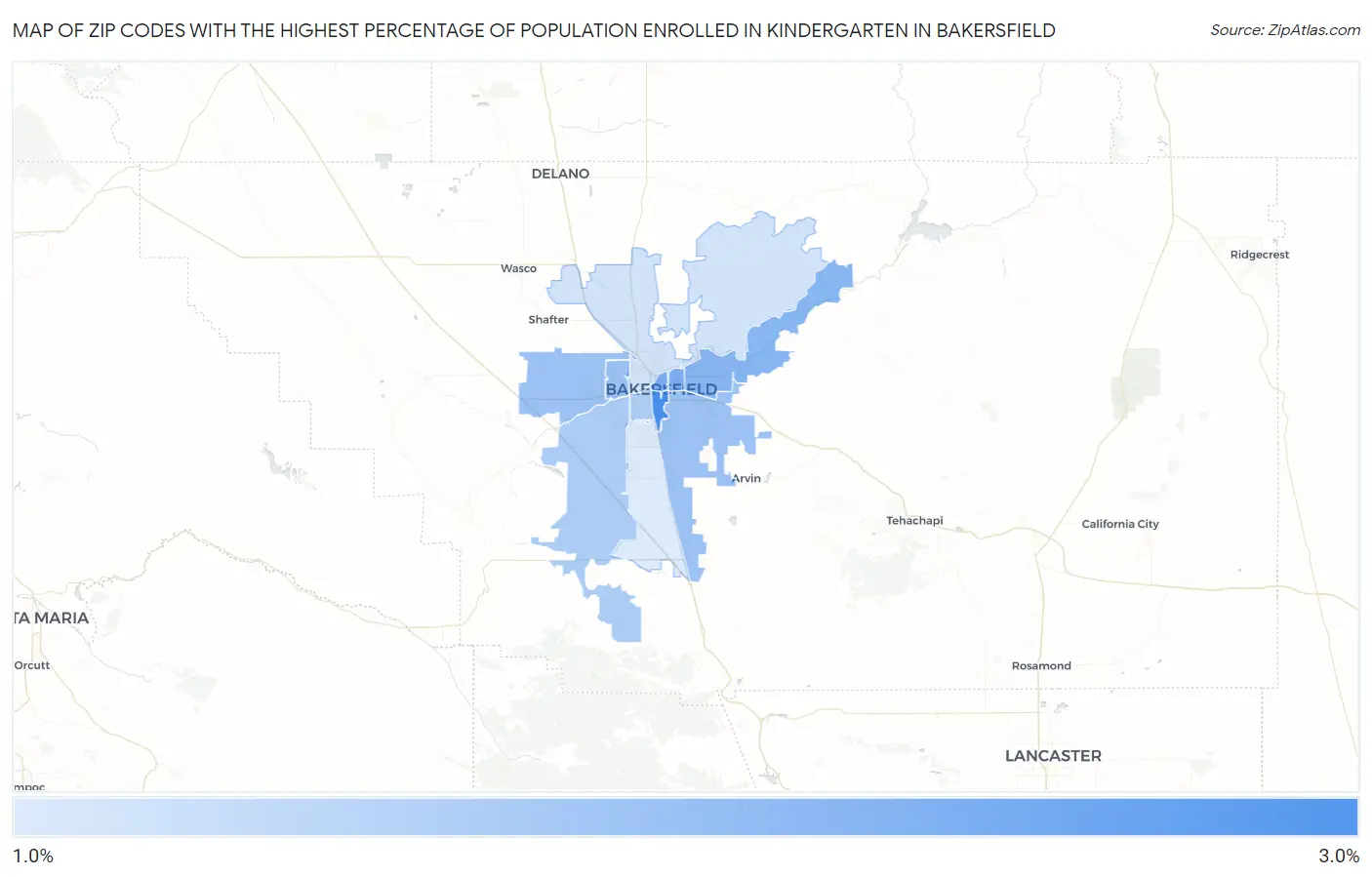 Zip Codes with the Highest Percentage of Population Enrolled in Kindergarten in Bakersfield Map