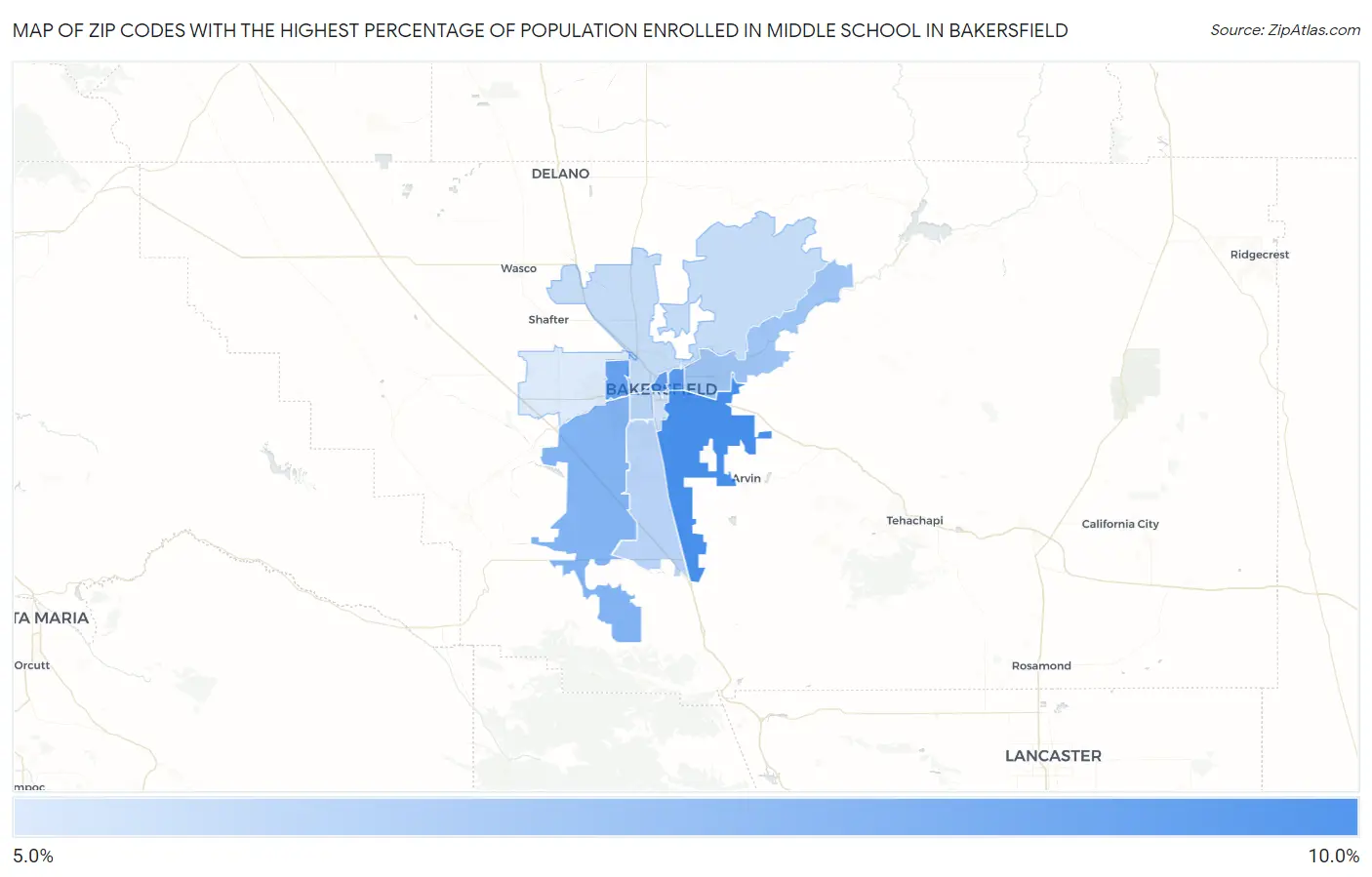 Zip Codes with the Highest Percentage of Population Enrolled in Middle School in Bakersfield Map