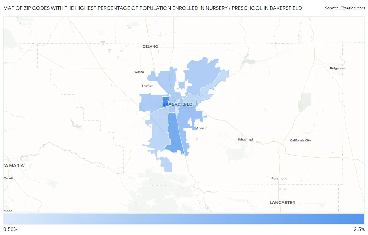 Zip Codes with the Highest Percentage of Population Enrolled in Nursery / Preschool in Bakersfield Map
