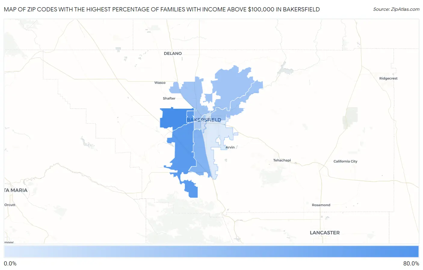 Zip Codes with the Highest Percentage of Families with Income Above $100,000 in Bakersfield Map