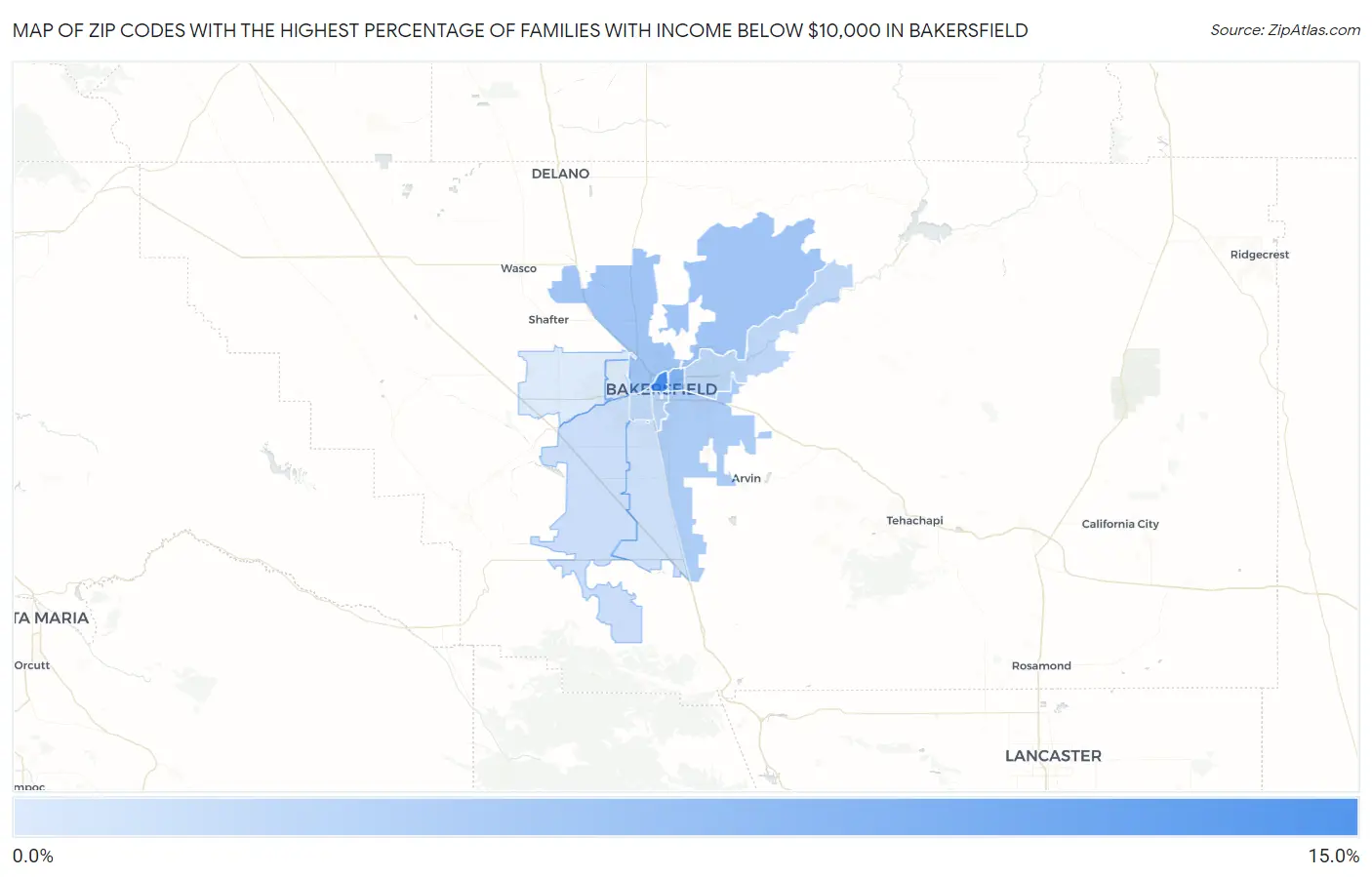 Zip Codes with the Highest Percentage of Families with Income Below $10,000 in Bakersfield Map