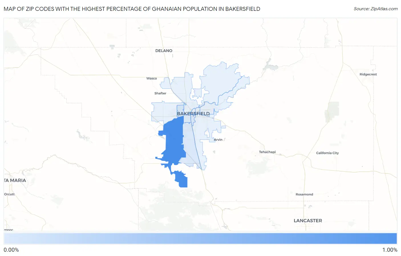 Zip Codes with the Highest Percentage of Ghanaian Population in Bakersfield Map