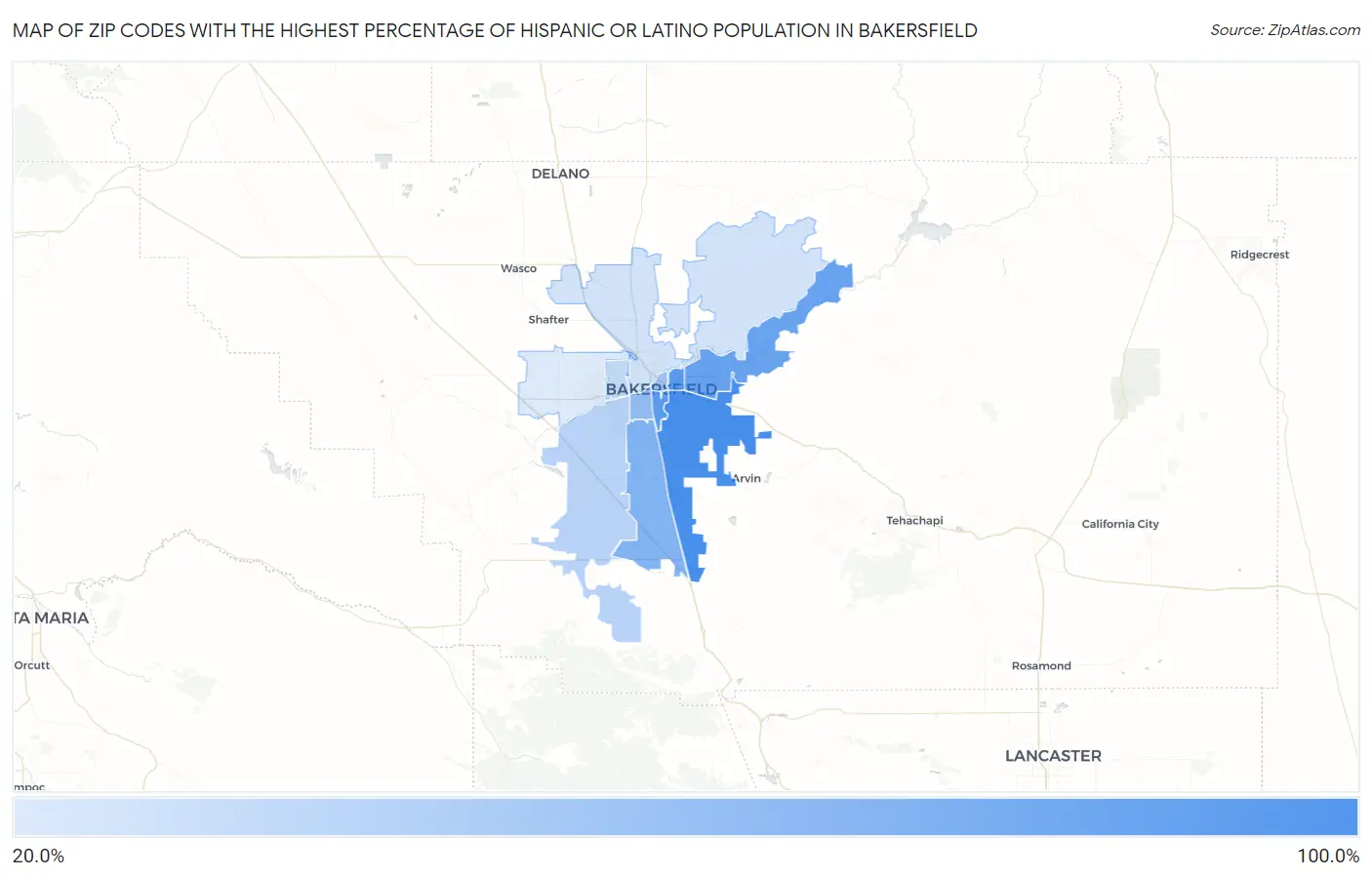 Zip Codes with the Highest Percentage of Hispanic or Latino Population in Bakersfield Map