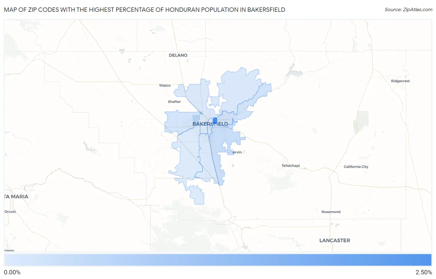 Zip Codes with the Highest Percentage of Honduran Population in Bakersfield Map