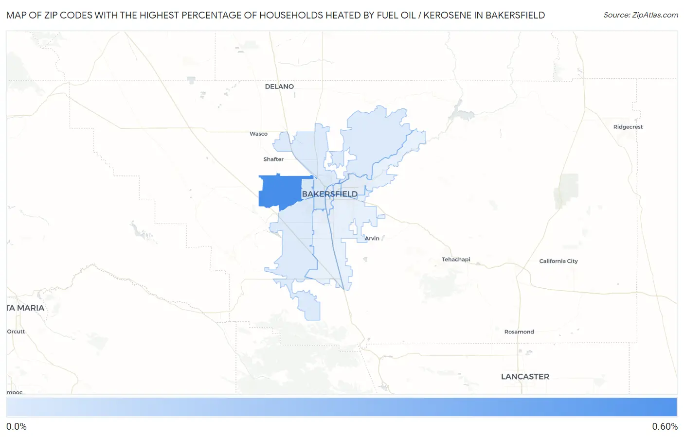 Zip Codes with the Highest Percentage of Households Heated by Fuel Oil / Kerosene in Bakersfield Map