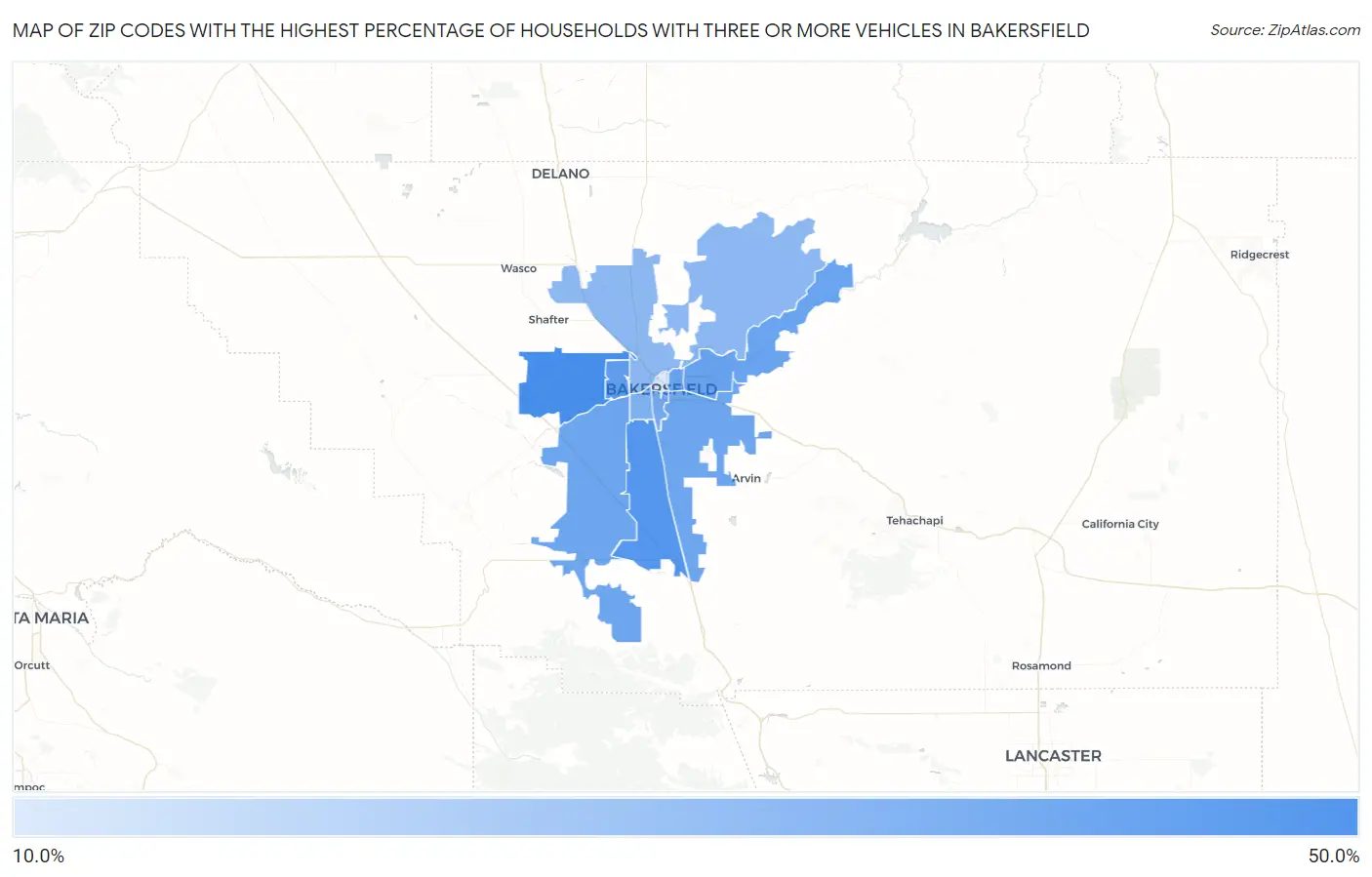 Zip Codes with the Highest Percentage of Households With Three or more Vehicles in Bakersfield Map
