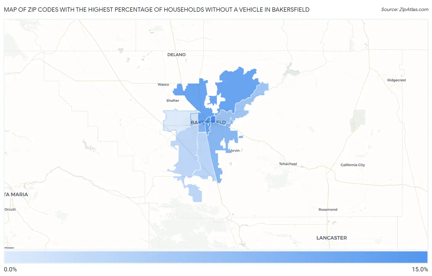 Zip Codes with the Highest Percentage of Households Without a Vehicle in Bakersfield Map