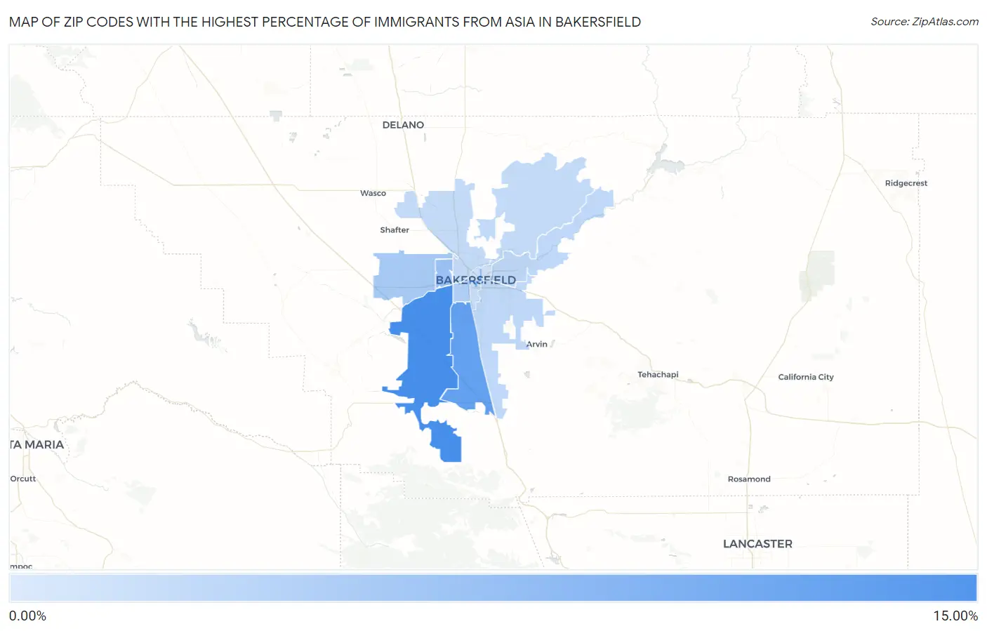 Zip Codes with the Highest Percentage of Immigrants from Asia in Bakersfield Map